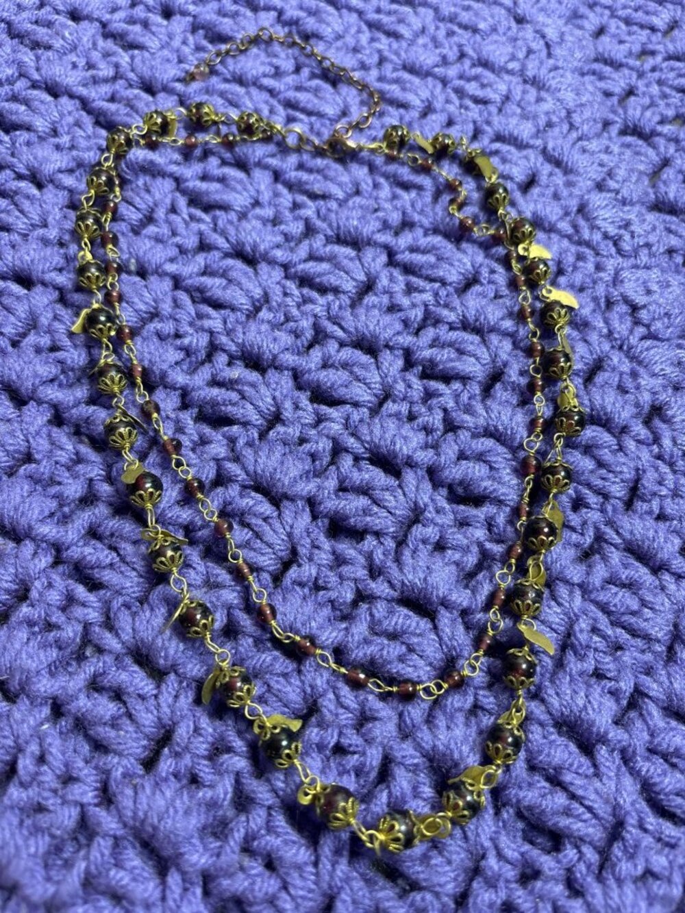 Vintage Goldtone Purple Glass Beaded Chain Necklace 2 Strands Leaf Fringe 20-24"